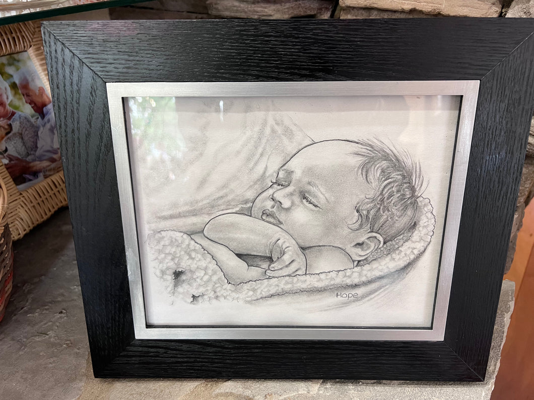 Original Charcoal Sleeping Baby Framed Art