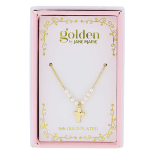 Sweetheart kids Pearls and Cross Necklace - Yellow Gold