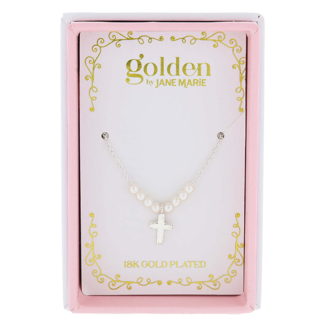 Sweetheart Kids Pearls and Cross Necklace - White Gold