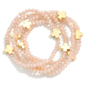 Dainty Faceted Glass Stacking Bracelets with Delicate Cross Accent