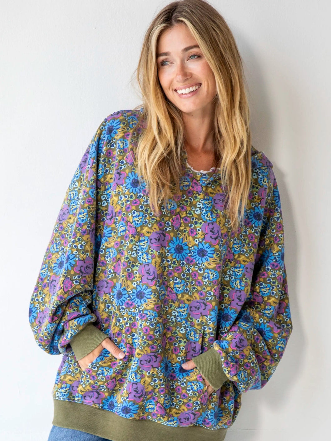 Oversized printed Hoodie- Blue Purple Daisy