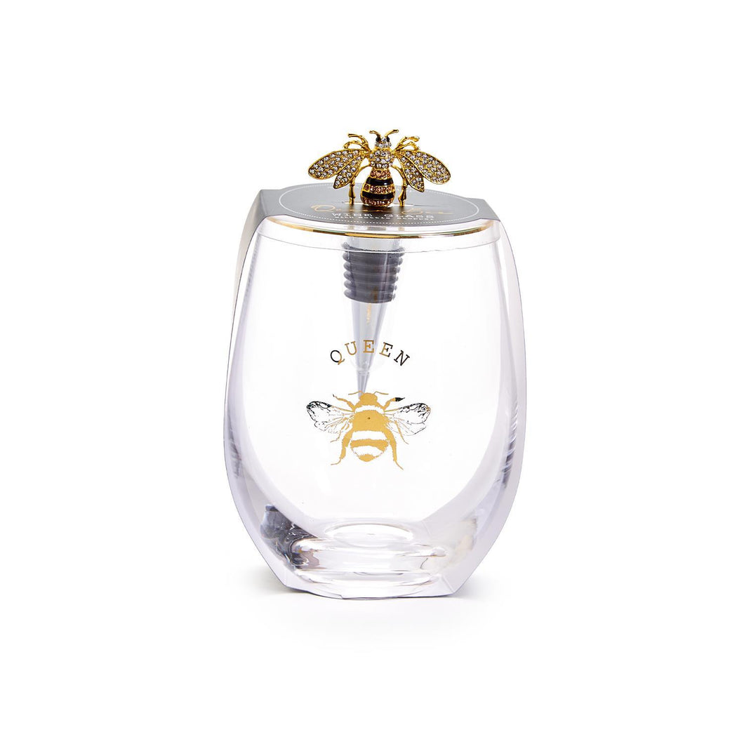 Queen Bee Stemless Wine Glass with Jeweled Bee Wine Stopper