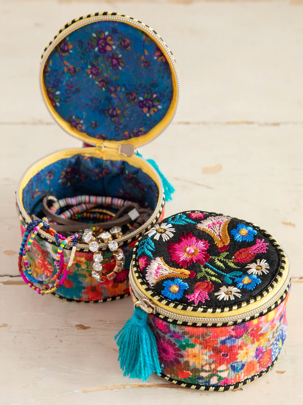 Embroidered Jewelry Case- Black Folk Flower