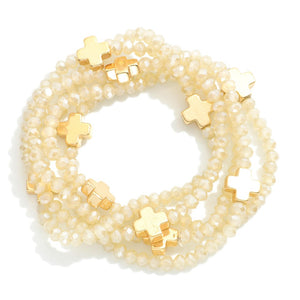 Dainty Faceted Glass Stacking Bracelets with Delicate Cross Accent