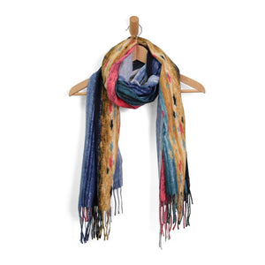 Jewel Tone Abstract striped & fringed scarf