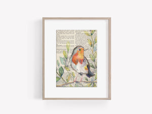 Robin Bird Painting on Gardening Book Page Print, 5x7"