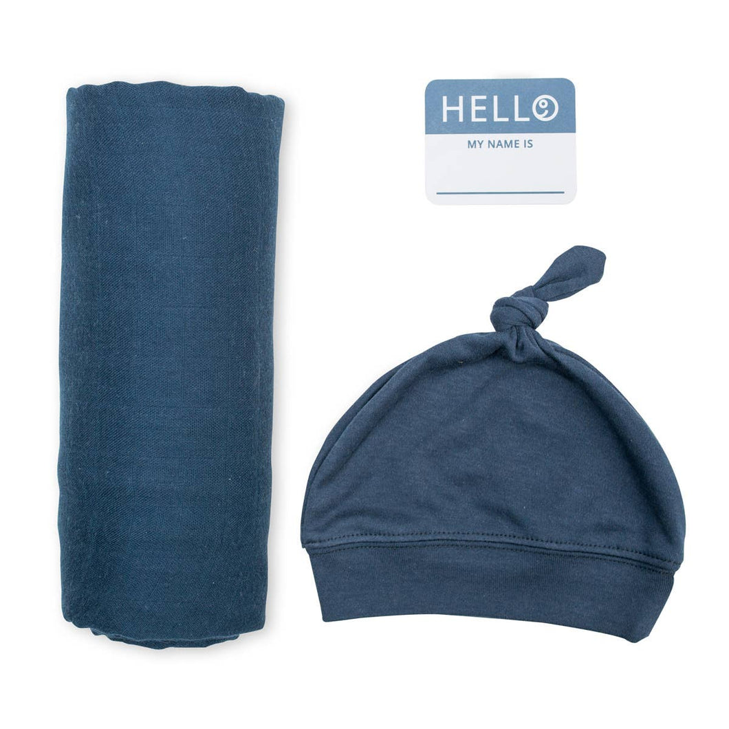 Hello World Blanket & Knotted Hat Set - Navy