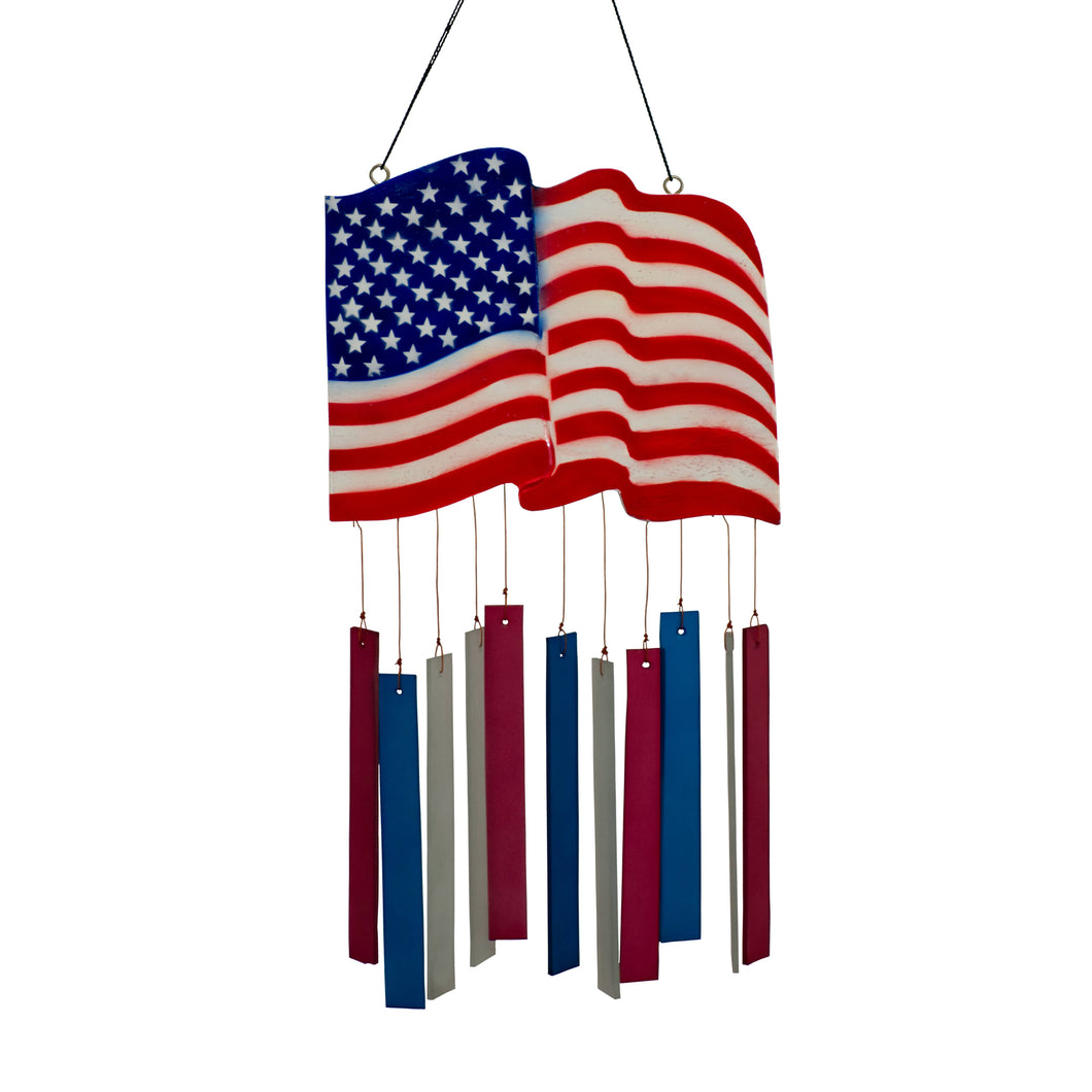 Waving American Flag Carving with Tumbled Glass Wind Chime