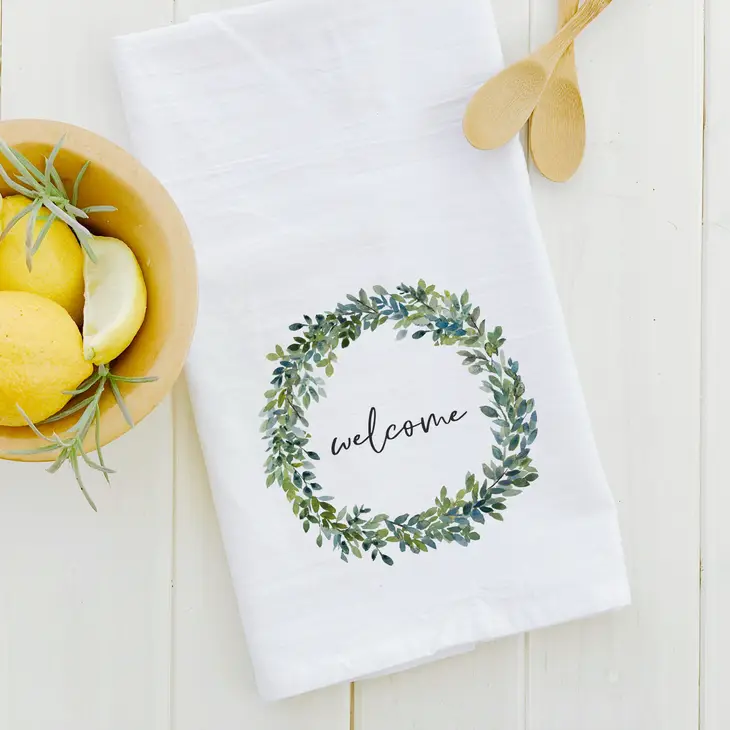 Welcome Boxwood Wreath Tea Towel
