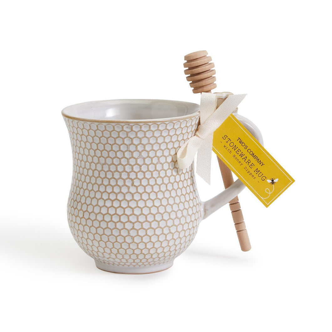 Bee Honeycomb Pattern Mug with Wooden Honey Dipper Stirrer