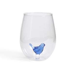Handblown Blue Bird Stemless Wine Glass