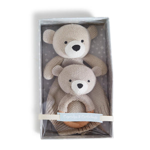 Oh So Bear-y Sweet Knitted Baby Snuggle and Rattle Set
